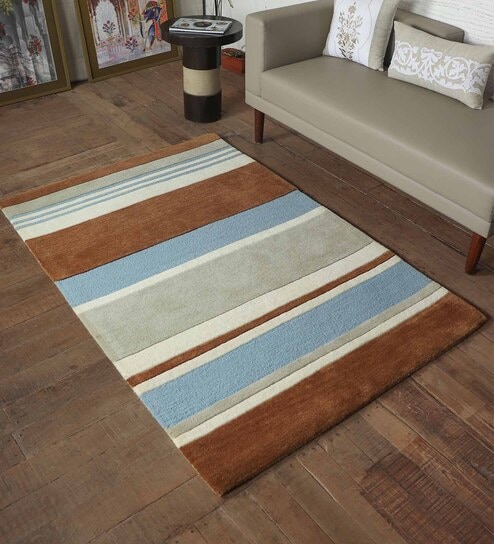 Beige Stripes Wool 4 ft x 6 ft Hand tufted Carpet by Zeba