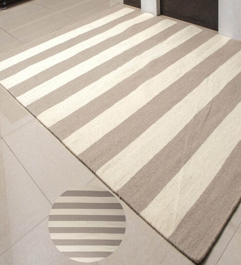 Beige Stripes Wool 7X4 Feet Hand Woven Carpet