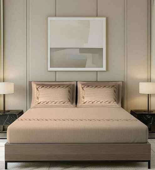 Beige Stripped Pattern With Floral Embroidery 500 Tc Cotton King Sized Double Bedsheet With 2 Pillow Covers