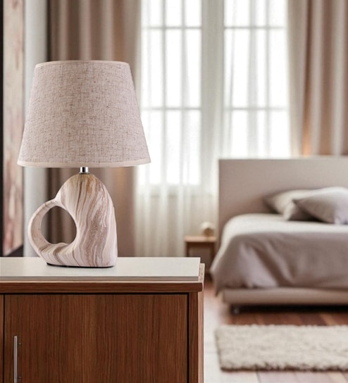 Beige Table Lamp Modern Design Fabric Lampshade Open Heart Shaped Ceramic Base