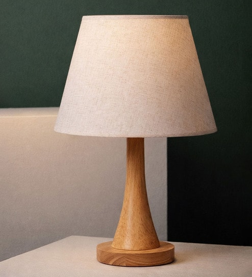 Beige Table Lamp Modern Design With Fabric Textured Lampshade Wooden Base
