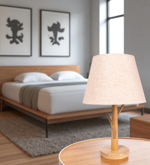 Beige Table Lamp Modern Design With Fabric Textured Lampshade Wooden Base