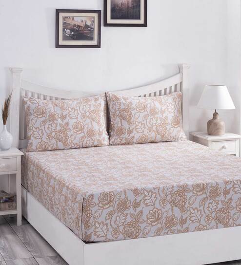 Beige Traditional 210 TC 100% Cotton Queen Sized Bed Sheets with 2 Pillow Covers