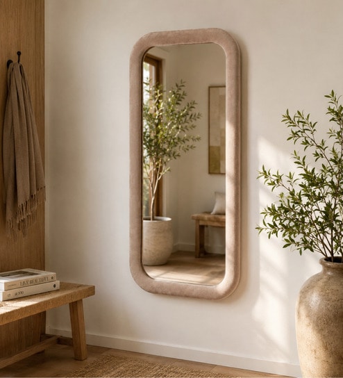 k k glass & aluminium Beige Upholstered Fabric Frame Rectangular With Corner Round Wall Mirror 24 X 36 Inches-picture-14