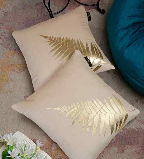 Beige Velvet Floral 16X16 Inches Cushion Covers (Pack of 2)