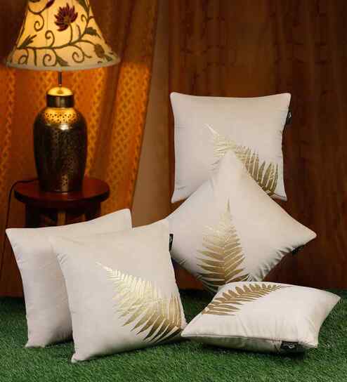 Beige Velvet Floral 16X16 Inches Cushion Covers (Pack of 5)
