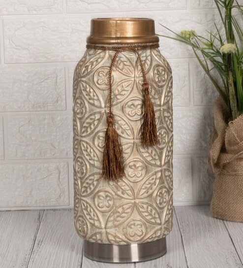 Beige Vintage Inspired Ceramic Cylindrical Shaped Vase