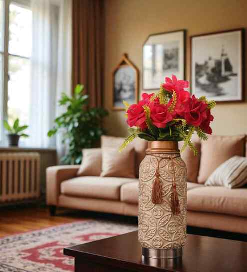 Beige Vintage Inspired Ceramic Cylindrical Shaped Vase