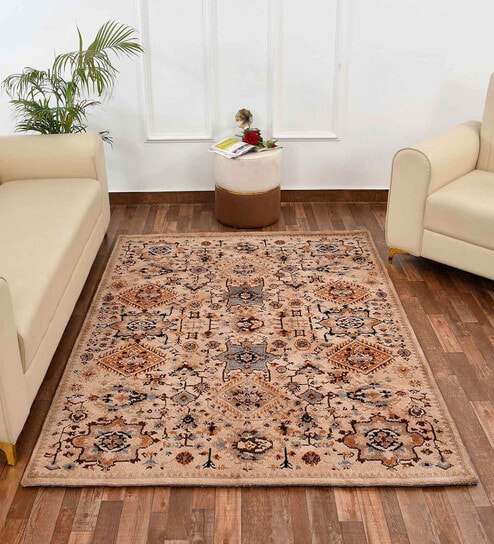 Beige Vintage Polyester 5 x 7 Feet Machine Made Carpet