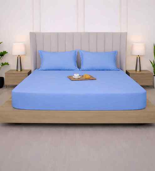 Bel Air Blue Solid 300 TC Pure Cotton King Fitted Bedsheet with 2 Pillow Covers
