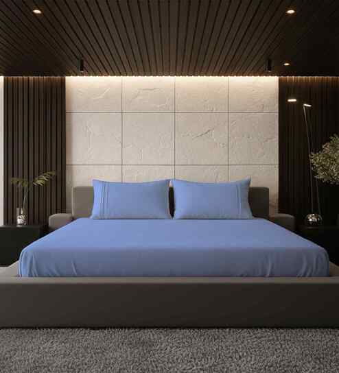 Bel Air Blue Solid 500 TC Pure Cotton King Fitted Bedsheet with 2 Pillow Covers