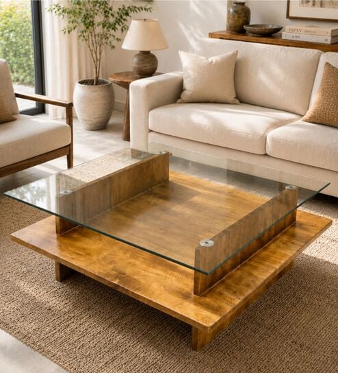 Bella Glass Top Center Table In Solid Wood Finish