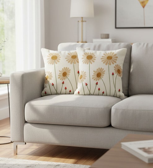 White Poly Cotton 16X16 Inches 2Pcs Cushion Covers