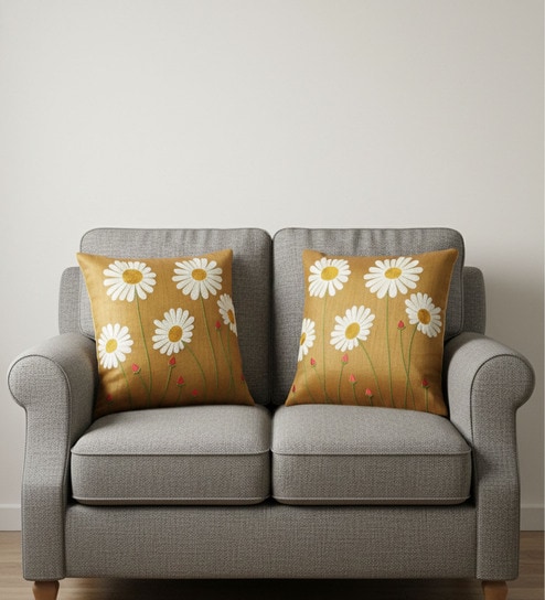 Golden Poly Cotton 16X16 Inches 2Pcs Cushion Covers