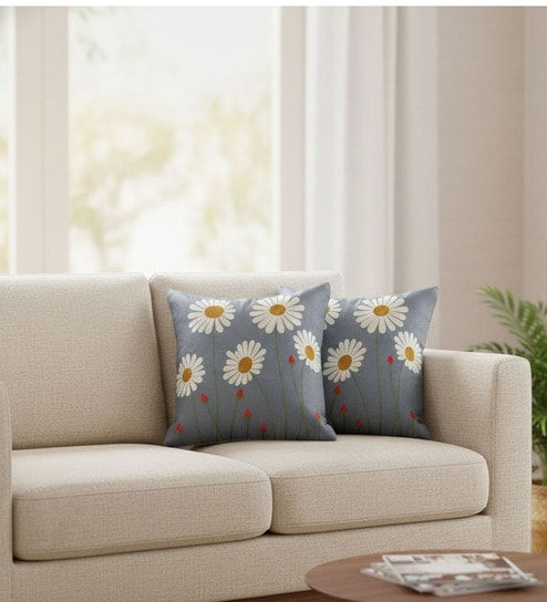 Blue Poly Cotton 16X16 Inches 2Pcs Cushion Covers