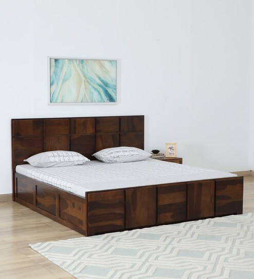 Bergen Sheesham Wood King Size Bed In Provincial Teak Finish With Hydraulic Storage