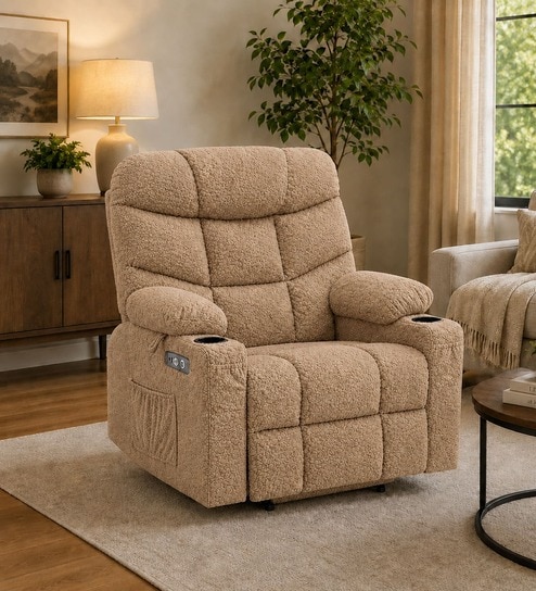 Berlin Boucle Fabric  Electric 1 Seater Recliner With USB Port In  Beige Colour