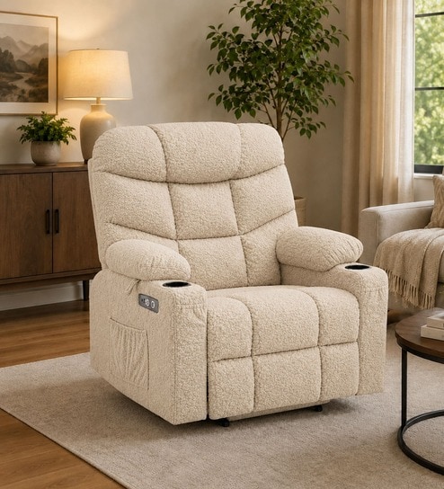Berlin Boucle Fabric  Electric 1 Seater Recliner With USB Port In Off-White Colour