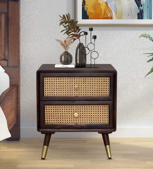 Berlin Solid Wood Bedside Table In Walnut Finish