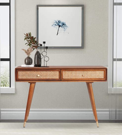 Berlin Solid Wood Console Table In Teak Honey Finish