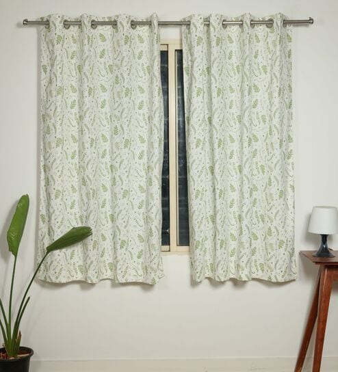 Bern Green Cotton 230 GSM  Floral 5 Feet Room Darkening Eyelet Window Curtains (2 Pc)