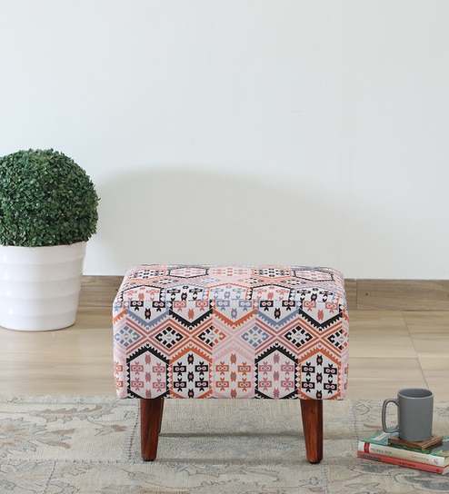 Berry Fabric Foot Stool In Honey Oak Finish