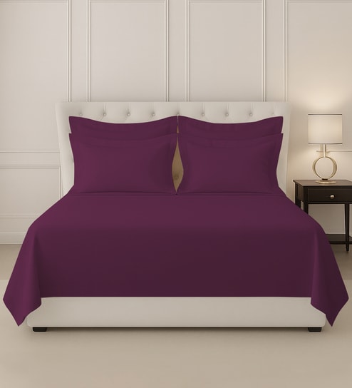 Berry Plum Solid 400 TC Cotton Super King Sized Bedsheet with 4 Pillow Covers