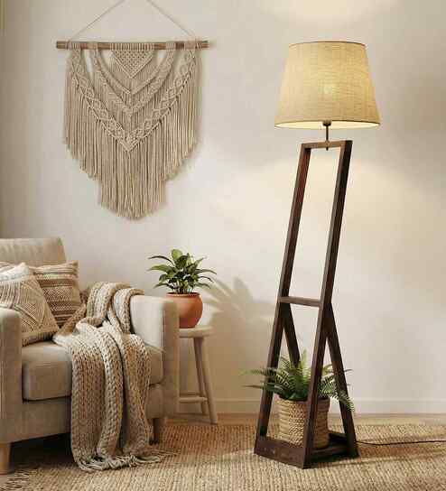 Bezalel WoodenShelf Floor Lamp with Jute Shade & Brown Base