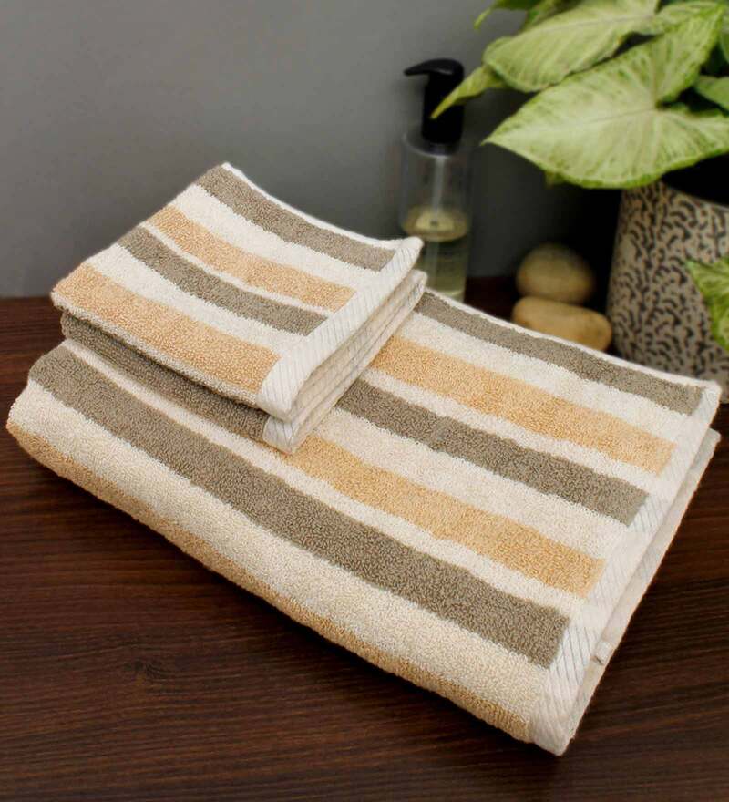 Buy Beige 100 Cotton Solid 450 GSM Towel Set (Set of 3) by AVI Living Online Patterned
