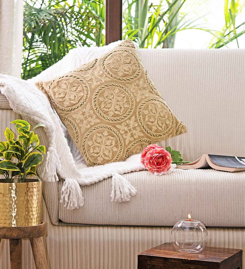 Buy Beige Abstract Viscose Velvet 16 x 16 Inches Cushion Cover by