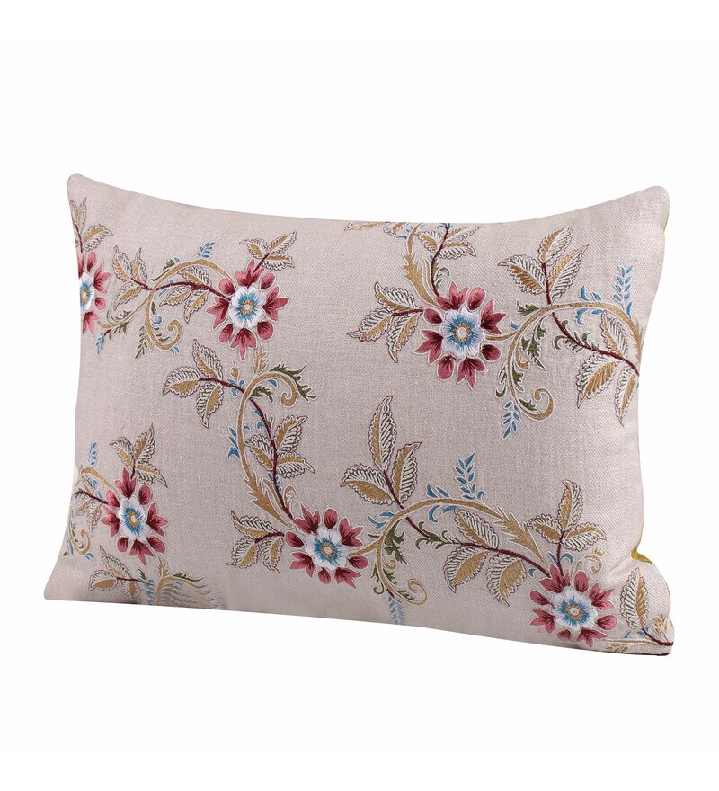 Buy Beige Blended Linen Embroidered Textured 12x18 inches Cushion