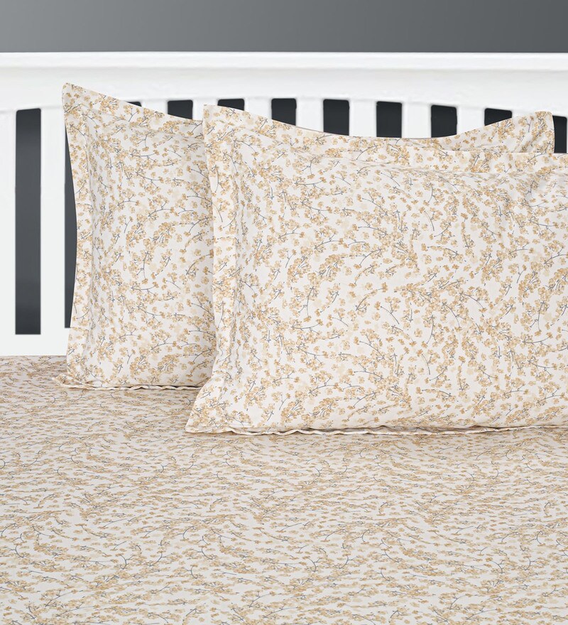 Buy Beige Floral design 210 TC Cotton Fitted Double Bedsheet with 2