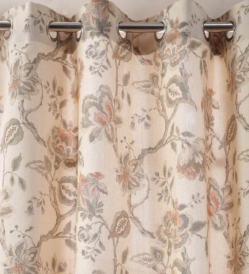Buy Beige Floral Jute 7 Ft Light Filtering Eyelet Door Curtain by