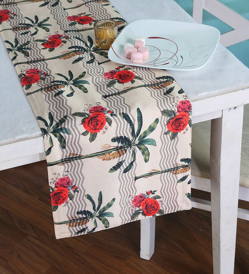 Buy Beige Silk Floral 54x14 Inches Table Runner by M K Enterprise