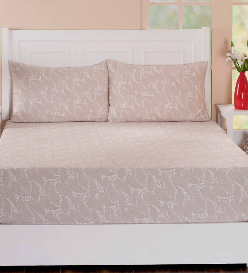 Buy Beige Traditional 210 TC Cotton 1 Double King Size Bedsheet With 2