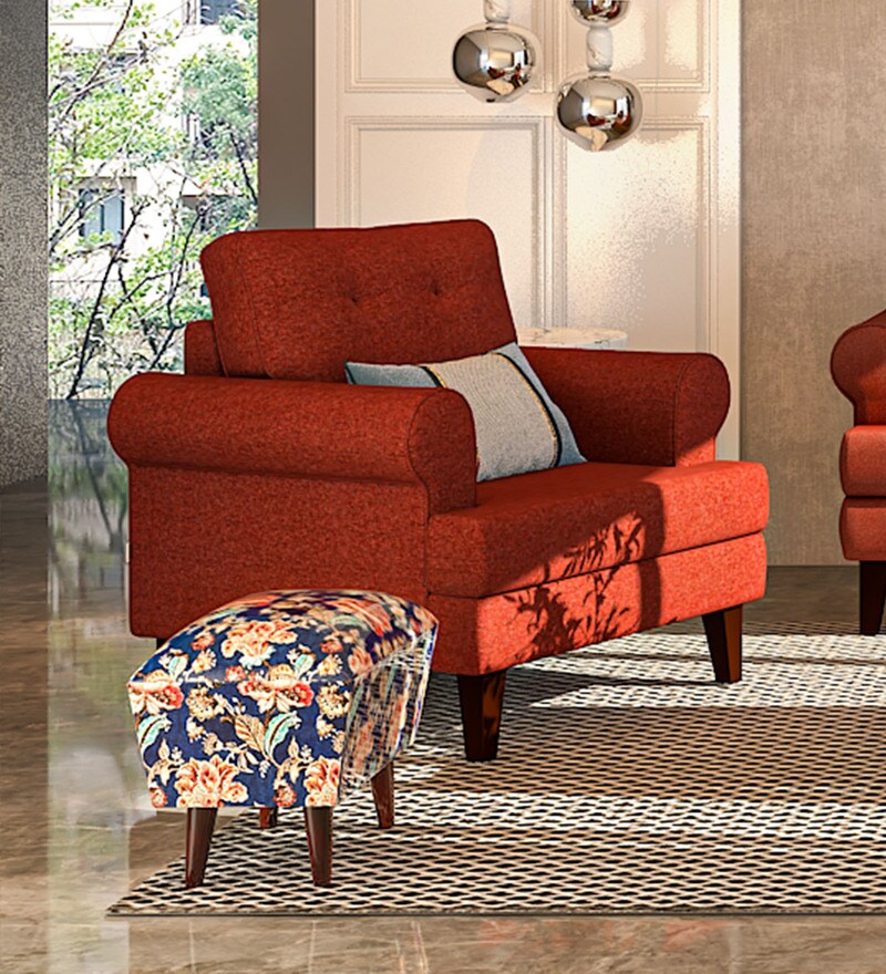 Buy Berry Solid Wood Seating Stool In Floral Print on Blue Colour Online Contemporary Seating