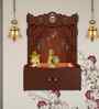 Beautiful Design of Lord Ganesh Brown Wooden Wall Temple for Home With Inbuilt focus Lights & Spacious Shelf