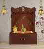 Brown Finish Beautiful Design of Shri Ganesh Floor Temple with Spacious Wooden Shelf & Inbuilt Focus Light