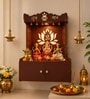Beautiful Lotus Pattern Brown Wooden Wall Temple for Home With Inbuilt focus Lights & Spacious Shelf