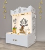 White Finish Beautiful Lotus Pattern Floor Temple with Spacious Wooden Shelf & Inbuilt Focus Light-