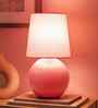 Bedside Ceramic Table Lamp, Classic Desk lamp for Living Room Bedroom, Farmhouse Nightstand Lamps Round with Pink Fabric Shade
