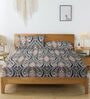 Beige & Blue Glace Cotton Floral Print Elastic Fitted King Bedsheet With 2 Pillow Covers