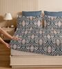 Beige & Blue Glace Cotton Floral Print Elastic Fitted King Bedsheet With 2 Pillow Covers