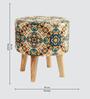 Beige & Blue Texture Printed Chair & Stool in Natural Polish