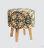 Beige & Blue Texture Printed Chair & Stool in Natural Polish