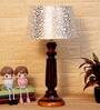 Intricately Beige and Gold Fabric Shade Night Lamp With Wood Base