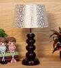 Caged Beige and Gold Fabric Shade Night Lamp With Wood Base