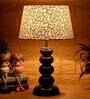 Caged Beige and Gold Fabric Shade Night Lamp With Wood Base