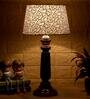Intricately Beige and Gold Fabric Shade Night Lamp With Wood Base