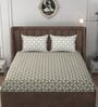 Beige & White Glace Cotton Self Design Elastic Fitted King Bedsheet With 2 Pillow Covers